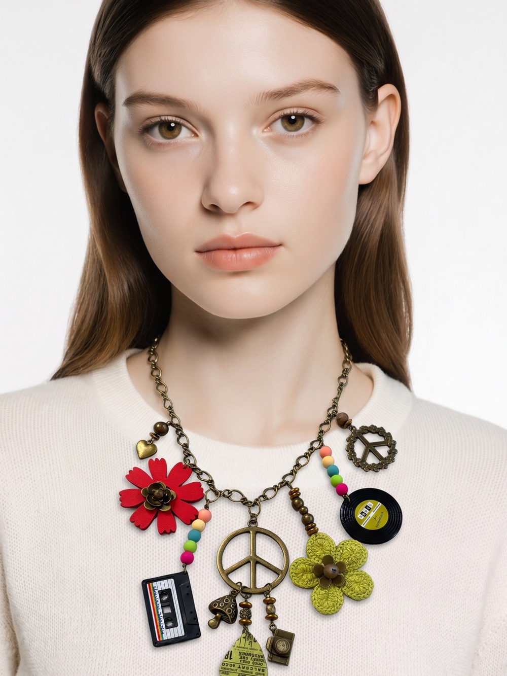 NWT Vintage-Inspired Multicolor Charm Necklace with Peace Pendant
